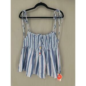 Cider Top 1XL Blue Striped Ruffle Cami Coastal Beach Euro Summer Cottage Beaded